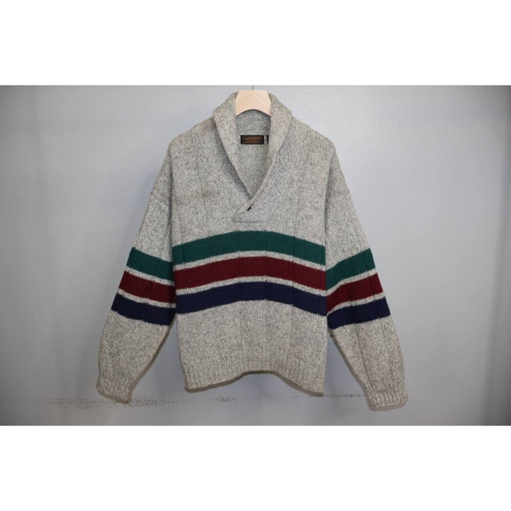Vintage 1990s Eddie Bauer Mens Striped Wool Cowl Neck Chunky Sweater L - Picture 8 of 9